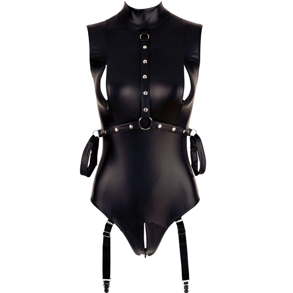 Женское черное кожаное нижнее белье комбинезоны сексуальный открытый