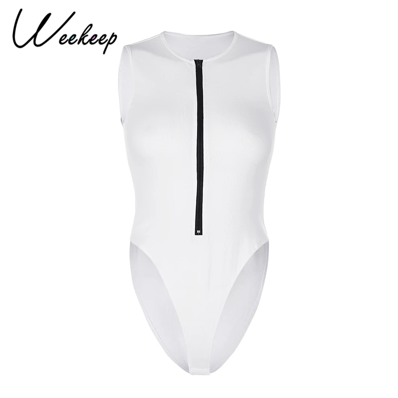 Weekeep Rib Knitted Women Zipper Bodysuit Basic Casual Sleeveless Bodycon Jumpsuit Streetwear One Piece Body Rompers Summer 2021 white bodysuit Bodysuits