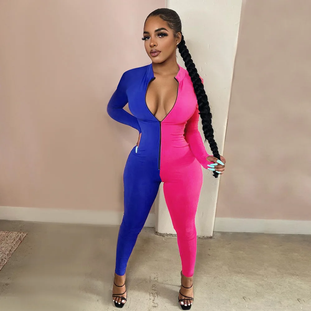 

2020 Best Quality Fashion Design Jumpsuits Patchwork O-Neck Long Sleeve Bodycon Rompers Tracksuits Outfits