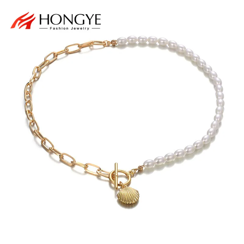 HONGYE The New Lisiting Long Pendants Scallop Shell Shape Half Imitation Pearl Chain Necklace 2020 Women Trendy Sautoirs Collier | Украшения