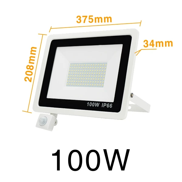 100W White Светодиодный светильник с датчиком движения PIR, прожектор 10 Вт, 20 Вт, 30 Вт, 50 Вт, 100 Вт, водонепроницаемый белый отражатель, уличный Точечный светильник для сада, настенный уличный светильник - Испускаемый цвет: 100W White