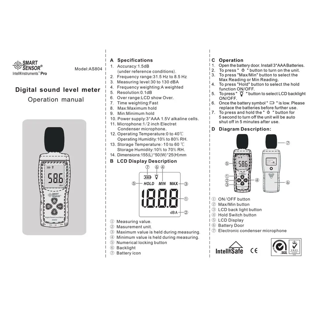Умный датчик AS804 цифровой измеритель уровня звука децибел 30d-130dBA диагностический инструмент мониторинг Тестер шума дБ детектор анализатор