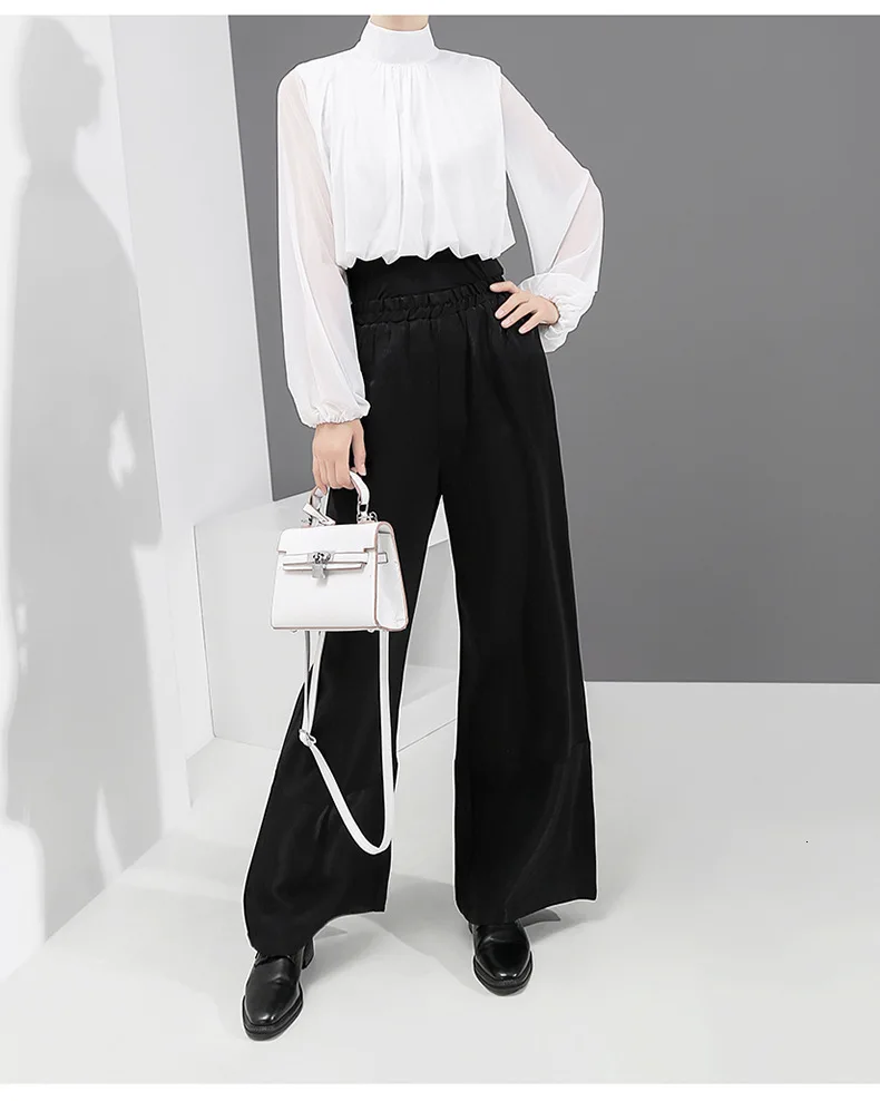 [EAM] Женская белая шифоновая стильная блузка, новая свободная рубашка с воротником-стойкой и длинным рукавом, модная весенняя Осенняя 1D665