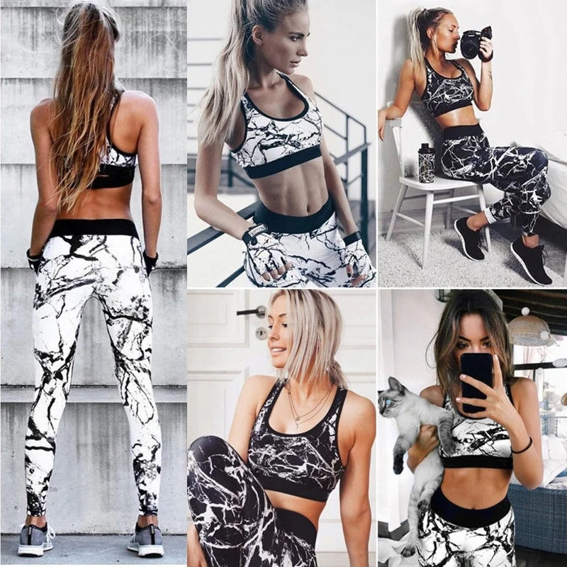 Sportswear Leggings+Bra Summer Fitness Print 2 Piece Set Women Clothing Cotton Breathable High Elastic Tights Female Gym