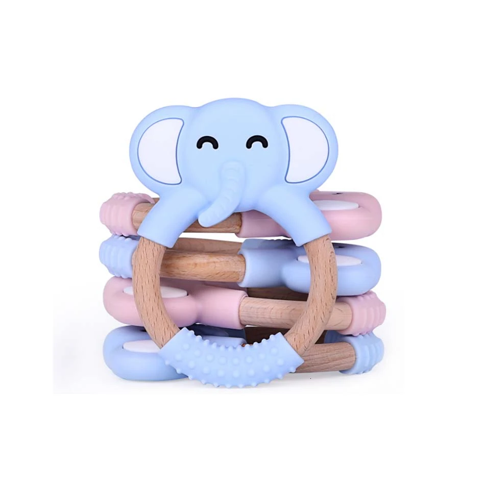 

1pcs Animal Silicone Teether Wooden Ring Nursing Accessories Chewable Teether Circle Little Elephant Baby Teething Toy BPA Free