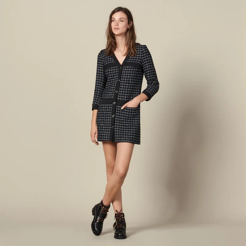 

2019 Autumn and Winter New Style Women's Dress Retro-style V-collar Chiffon Black Plaid Party Dress Women