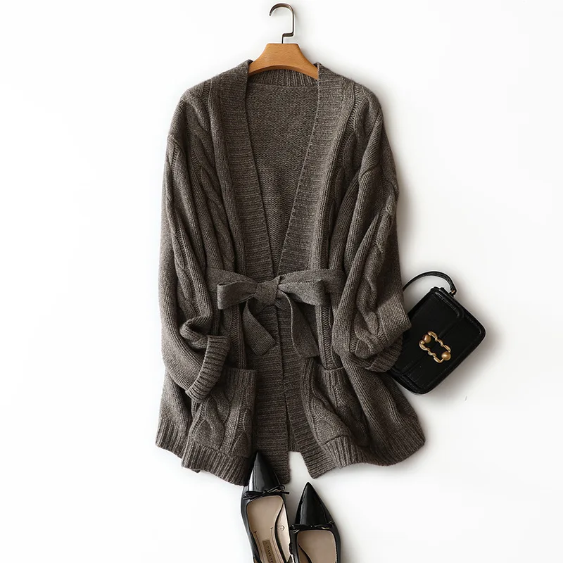 

100% Yak Fluff Cardigan thick Women's New Style for Autumn and Winter French Lace-up Lazy Loose Sweater Retro Simple Coat