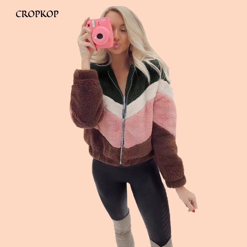 

Women Jacket Zipper Fluffy Long Sleeve Jacket Turn-down Collar Ladies Soft Warm Outerwear Patchwork Polar Fleece Coat Streetwear
