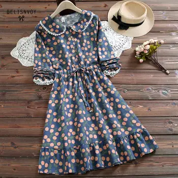 

Mori Girl Cute Women Dress Autumn Spring Peter Pan Collar Fruit Printed Lace Up Ropa Mujer Cute Kawaii Long Sleeve Cotton Dress