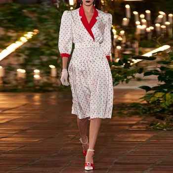 

Fashion Vintage Turn-down Collar Shirt Dress Women Polka Dot Half Sleeve Spring Summer Dress Casual Elegant Party Vestidos Belt