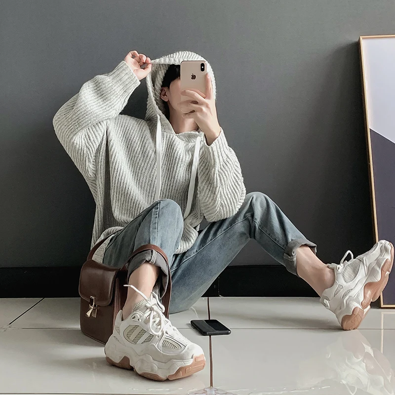 Winter Hooded Sweater Men's Warm Solid Color Casual Knit Pullover Man Sweter Clothes Loose Long-sleeved Sweaters Men S-XL