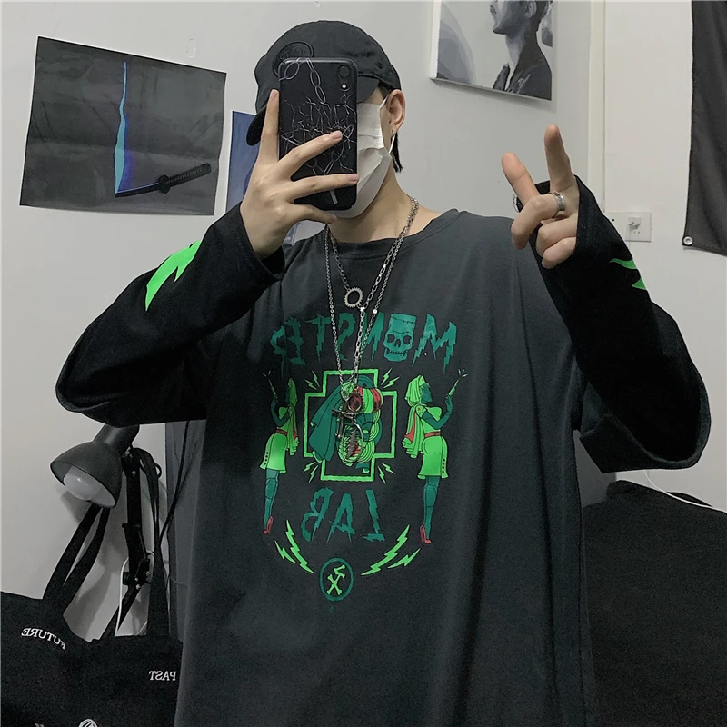 Woherb Harajuku футболка для женщин и мужчин поддельные 2 шт. мультфильм Письмо печати с длинным рукавом рубашка мода уличная Vete мужчины t Femme