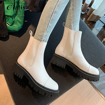 

CIALISA Women Shoes Genuine Leather Solid Elastic Winter Chunkly Heel Ankle Boot Mid Heel Warm Round Toe Women's Boots 2020
