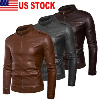 

Mens PU Leather Jacket Slim Fit Biker Motorcycle Warm Coat Outwear Casual Tops