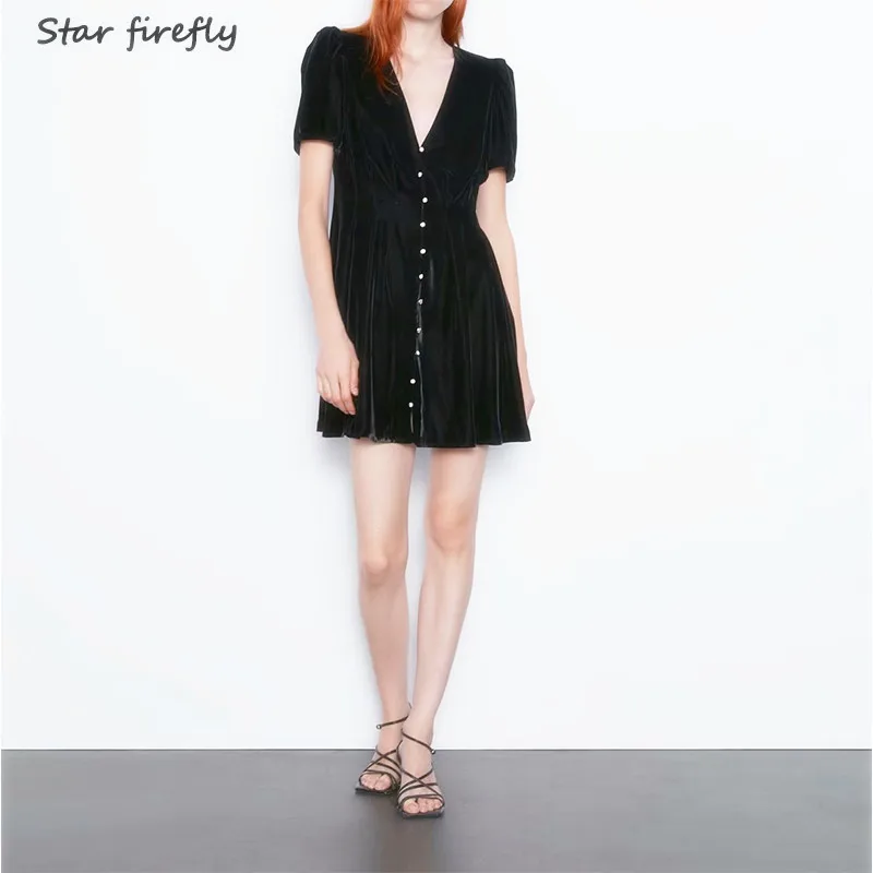 

Star firefly draped sexy dress female 2019 casual velvet single-breasted mini dress elegant high waist slim A-line black dress
