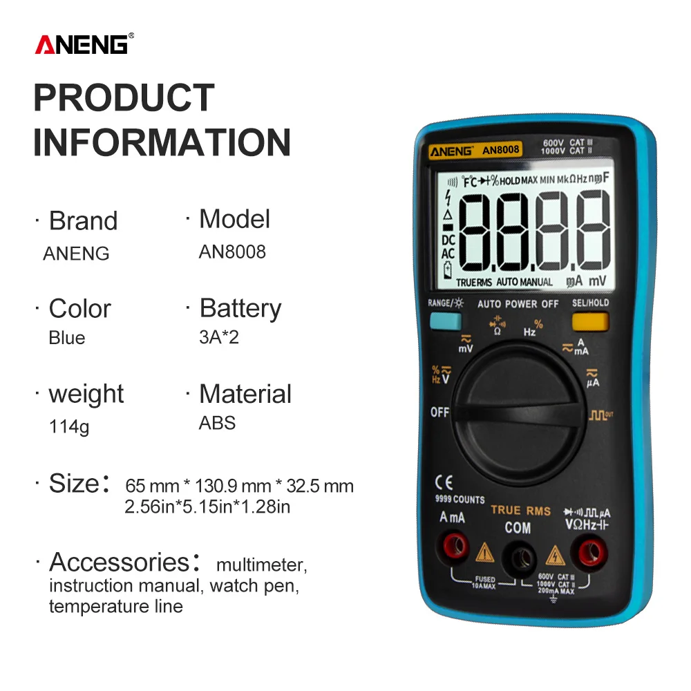 ANENG AN8008 Digital Multimeter 9999 counts True-RMS Square Wave Backlight AC DC Voltage Ammeter Current Ohm Auto/Manual | Инструменты