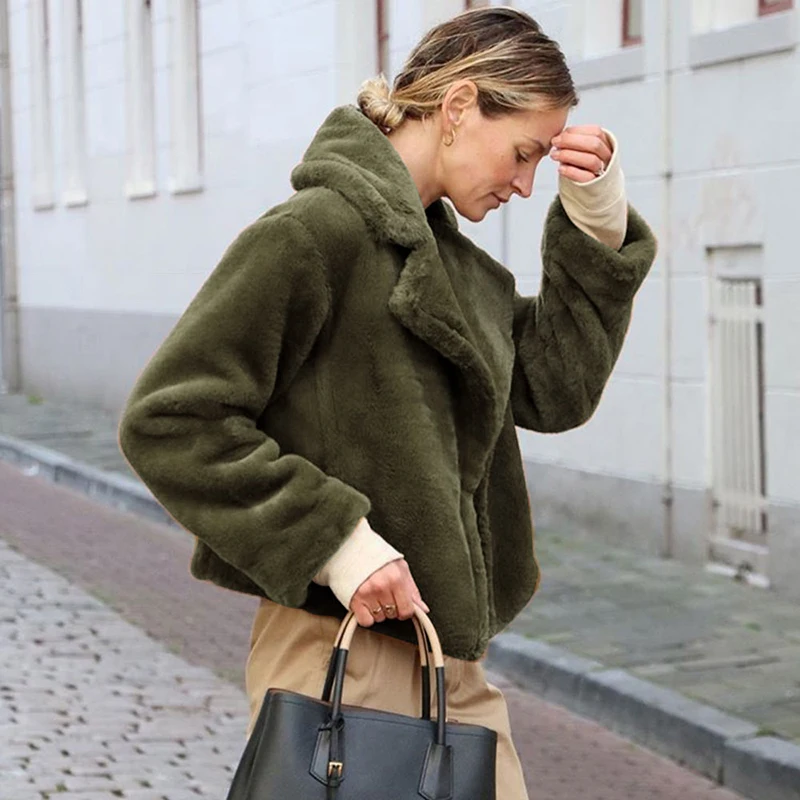 

Women Winter Jacket Solid Fluffy Faux Fur Notched Collar Open Front Side Pocket Long Sleeve Elegant Female 2019 Outwear Overcoat