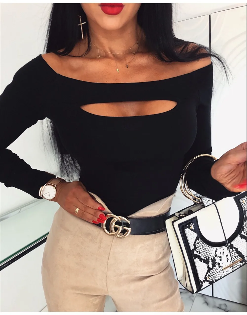 Женская свободная футболка с открытыми плечами и длинным рукавом женский топ