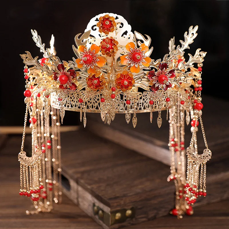 Retro Chinese Headdress Crown Headband Catwalk Stage Wedding Hair Accessories Pearls Beaded Tassel Tiaras Earring Hair Jewelry jewelry accessories hair accessory hair headdress bridal headwear hair band crown