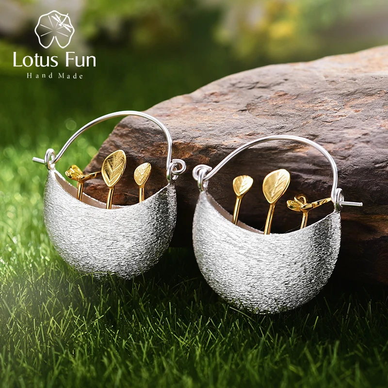 

Lotus Fun 925 Sterling Silver Basket Butterfly Leaf Gold Hoop Earring for Women Ear Piercing Jewelry Dropshipping Supplier USA
