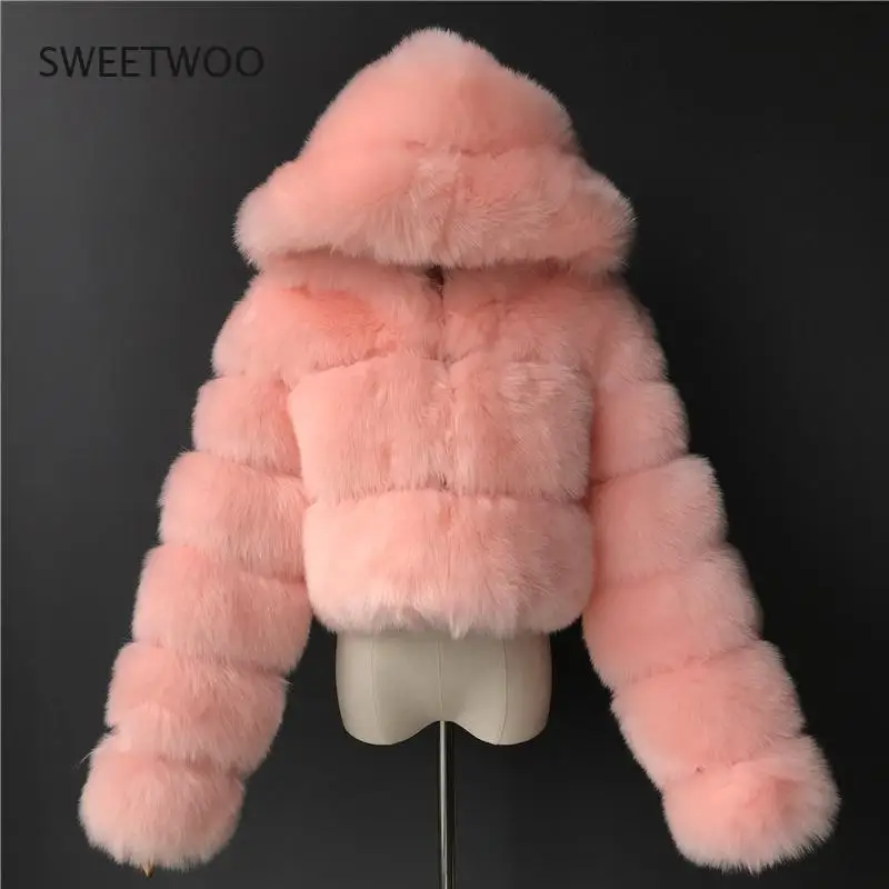 Women Fashion Luxury Faux Fur Coat Hooded Autumn Winter Warm Overcoat Woman Warm Fake Fur Solid Color Coats Female Ladies