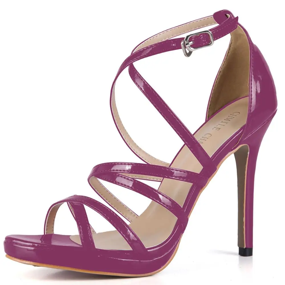 Пикантные вечерние женские босоножки из лакированной кожи с открытым носком на шпильке с ремешком на щиколотке в римском стиле Zapatos Para Mujer Sandalias de Tacon Alto de Aguja YJ0640A-4a - Цвет: Purple Patent