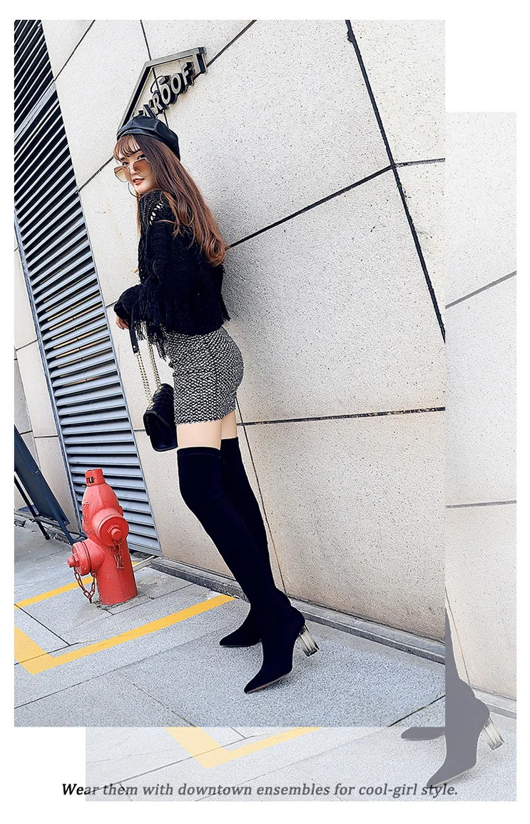 BIGTREE/botas altas mujer; облегающие Высокие Сапоги выше колена; черные зимние сапоги на каблуке с кристаллами; женские замшевые сапоги с острым носком; bota feminina