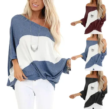 

Autumn Women's Fashion Long Sleeve Knit Sexy Off the Shoulder Panel Top Round Neck Loose Causel Pullover Top