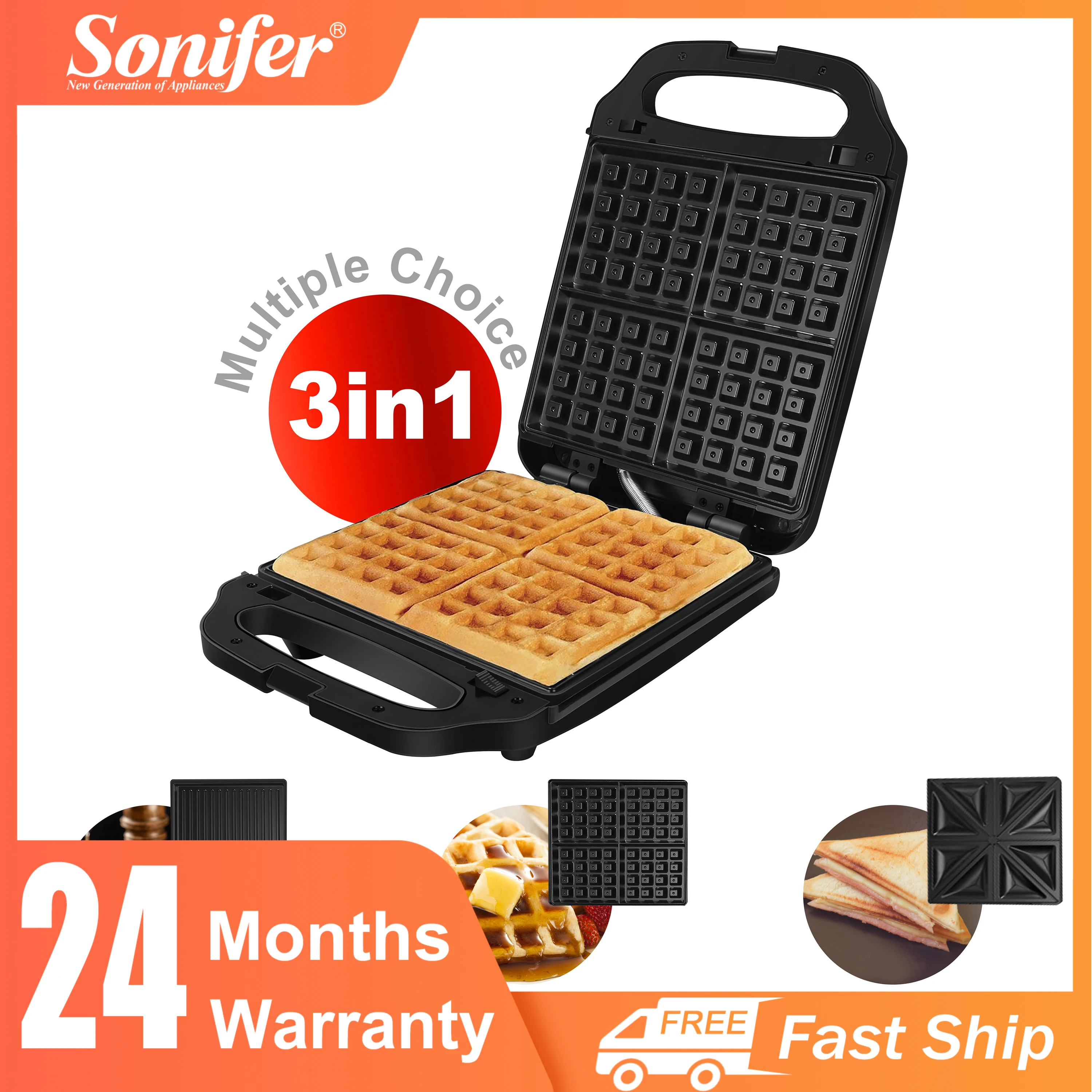 3 In 1 Electric Waffle Maker Large Cooking Kitchen Appliances With 3