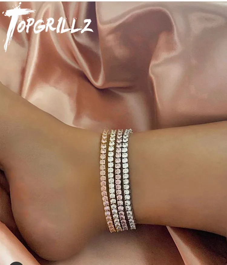 Женский ножной браслет TOPGRILLZ регулируемый 3 мм ряд кубический цирконий в стиле