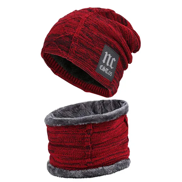 Xlamulu Skullies Beanies Зимние шапки для мужчин вязаная шапка для женщин Gorras мешковатая теплая мягкая Балаклава для шеи мужская Шапочка Шапочки - Color: wine red set