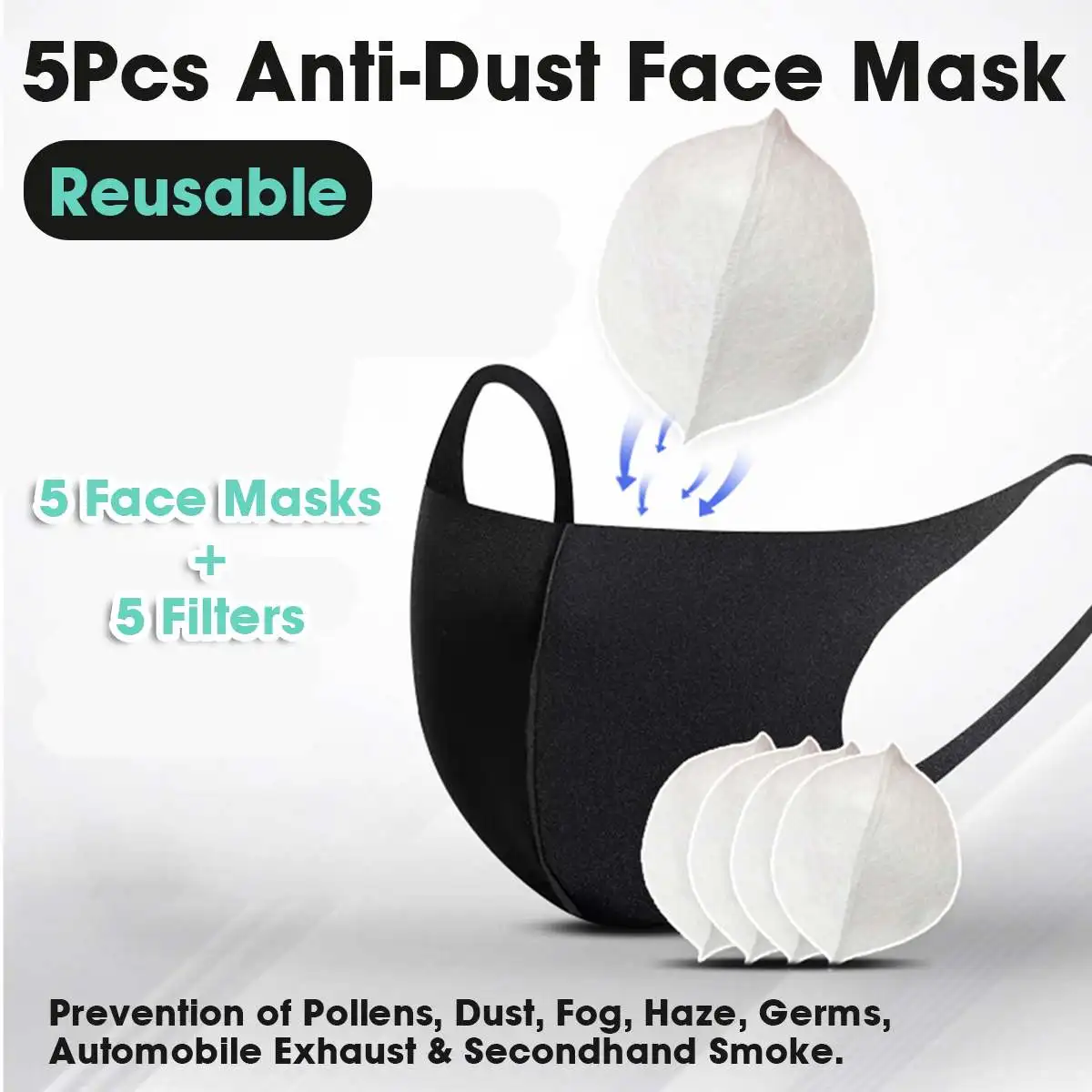 

5 PCS Cotton Washable Mouth Face Mask Anti PM2.5 Dust Pollution With 5pcs Activated Carbon Filter Fabric Face Mask KN90 Standard
