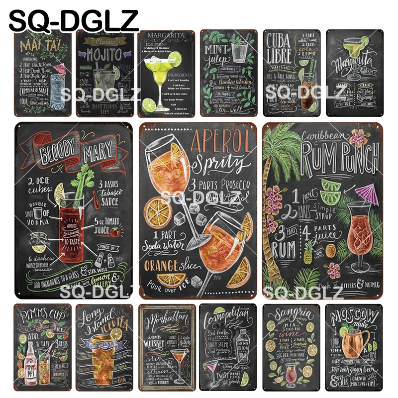

[SQ-DGLZ] Hand-Painted Cocktail Tin Sign Bar Wall Decor Bar Club Metal Crafts Home Decor Retro Painting Plaques Art Poster