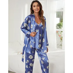 2021 New Women's Pajamas 4 Piece Set Fashion Flower Print Sleepwear Silk Like Leisure Home Clothes Sling Top Shorts Pants Robe
