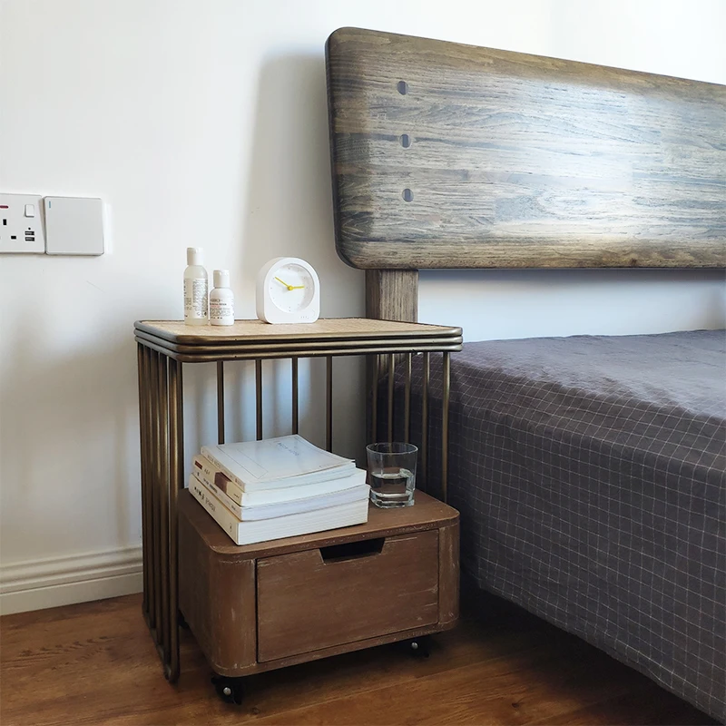 

Vintage rattan iron nightstand Wood color antique simple single drawer cabinet side tables furniture nightstand side table
