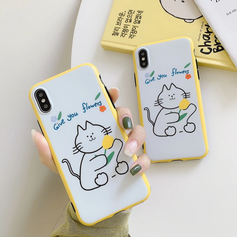 

Lovely cat Tulip flower phone cases For iphone X XS Max XR case for iphone 7 8 6 6s Plus Matte soft tpu case capa cover