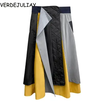 

VERDEJULIAY Runway Fashion Autumn Winter Skirts Contrast Color Patchwork High Quality Waist Elastic Casual Skirts