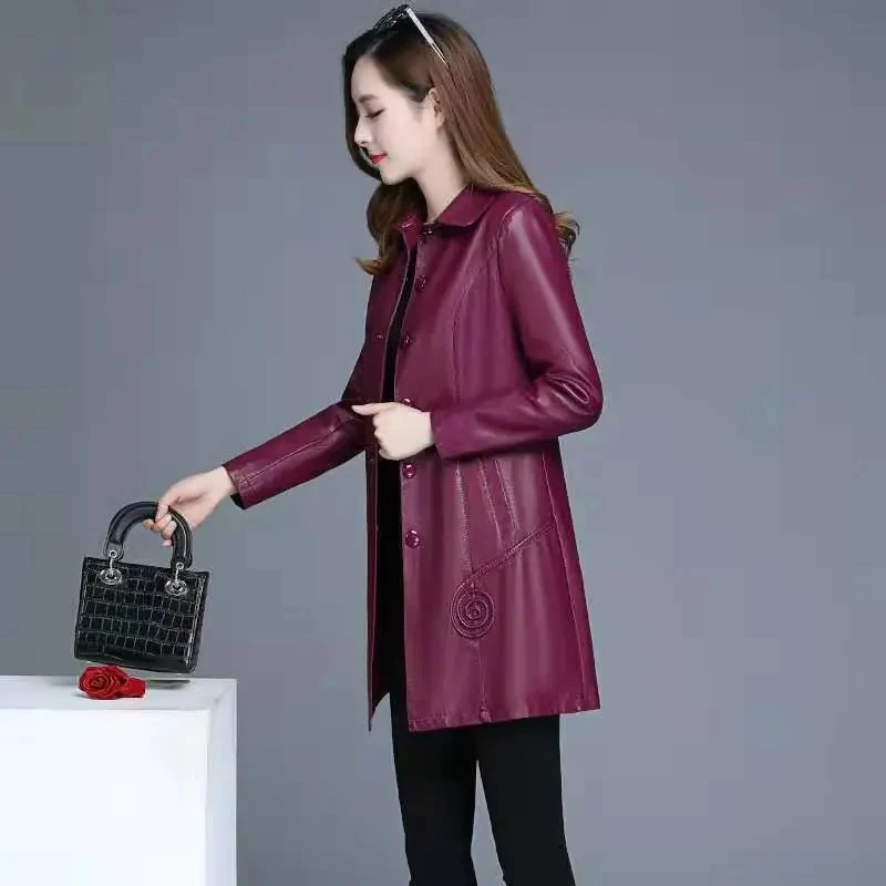 puffer coat women Women's Coat Spring & Autumn 2021 Fashion Korean Version Mid-Length PU Leather Jacket Slim Turndown Collar XL-7XL puffy coats