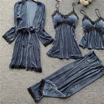 

4PCS Sleepwear For Women Kimono Robe Set Velour Nighrgown Lingerie Home Clothing Intimate Lingerie Sexy Blue Lace Bathrobe Gown
