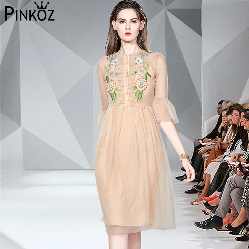 Pinkoz/Новинка; модное винтажное Сетчатое платье с вышивкой, круглым вырезом и расклешенными рукавами; Сетчатое платье с высокой талией; вечерние платья средней длины с цветочным рисунком; платье трапециевидной формы; vestidos