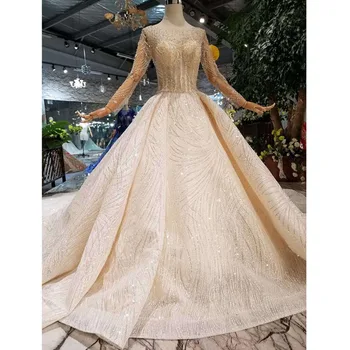 

BGW HT43024 Handmade Wedding Dresses 2020 O-neck Long Sleeve Luxury Beaded Shiny Lace Bride Wedding Gown Fashion New Material