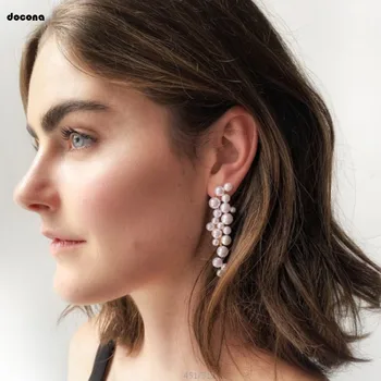 

Docona Simple Pearl Leaf Flower Drop Dangle Earring for Women Long Tassel Pendant Earrigns Party Jewerly 8501