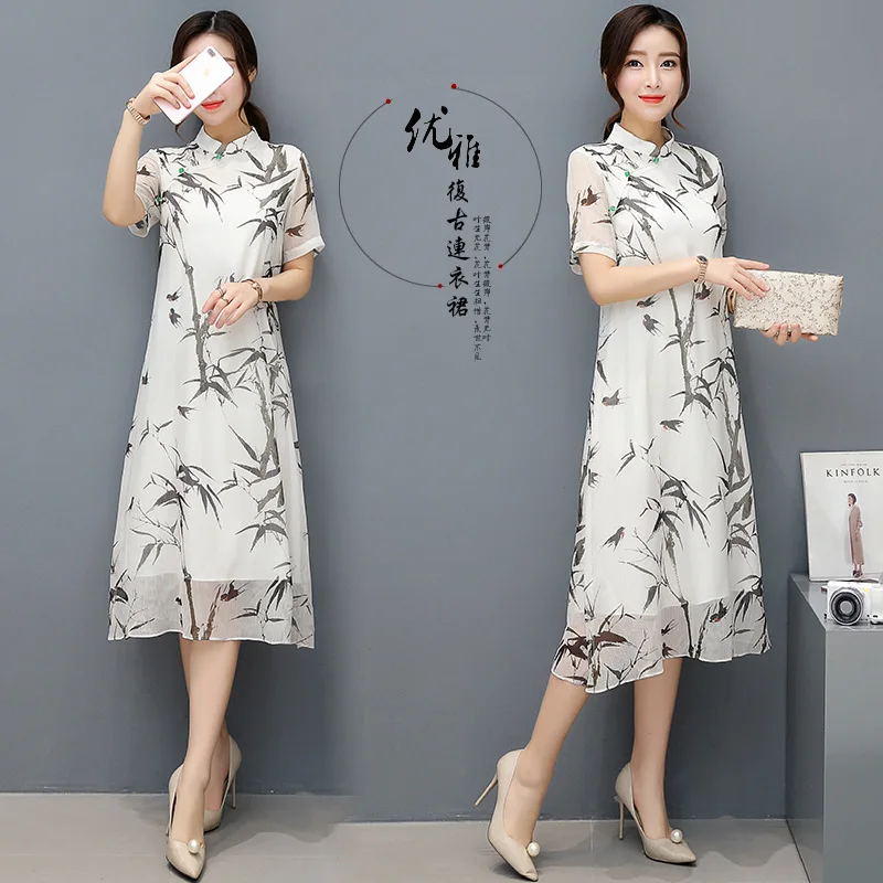 

2018 Spring New Style Fashion Chinese-style Stand Collar An Ink Painting of Bamboo Short Sleeve Mid-length Loose-Fit Dress Women