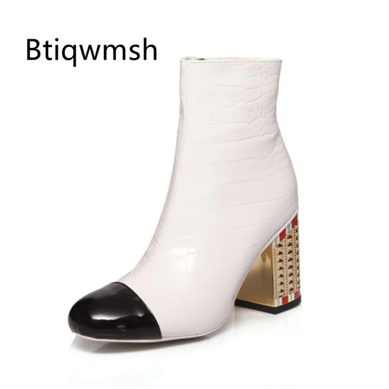 

2020 Gold Leather Ankle Boots Women Round Toe Crocodile Square Rhinestone High Heel Boots Ladies Fashion Martin Boots
