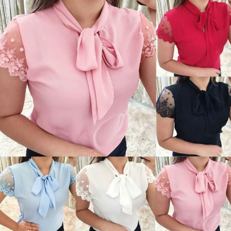 

Summer Short Sleeve Shirt Womens Blouses Lace Up Bow Tie Casual Shirt Loose Lace Patchwork Tops Solid Color Office Lady Clothes