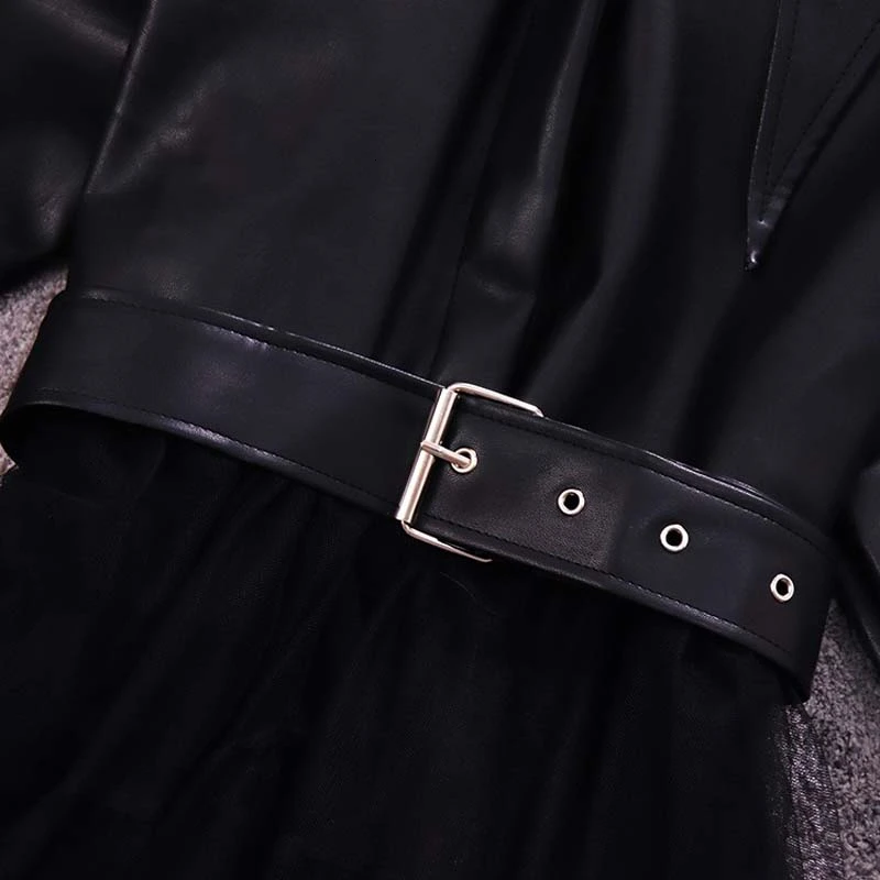 Ladies temperament PU leather stand collar lantern sleeves waist stitching mesh long windbreaker female autumn new