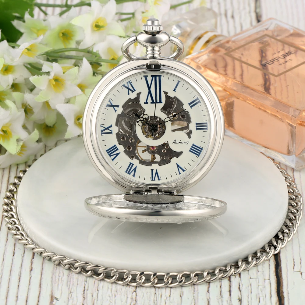 Уникальный серебряный паровой поезд узор чехол карманные часы деликатные карманные часы для мужчин прочный сплав грубая цепочка Кулон часы