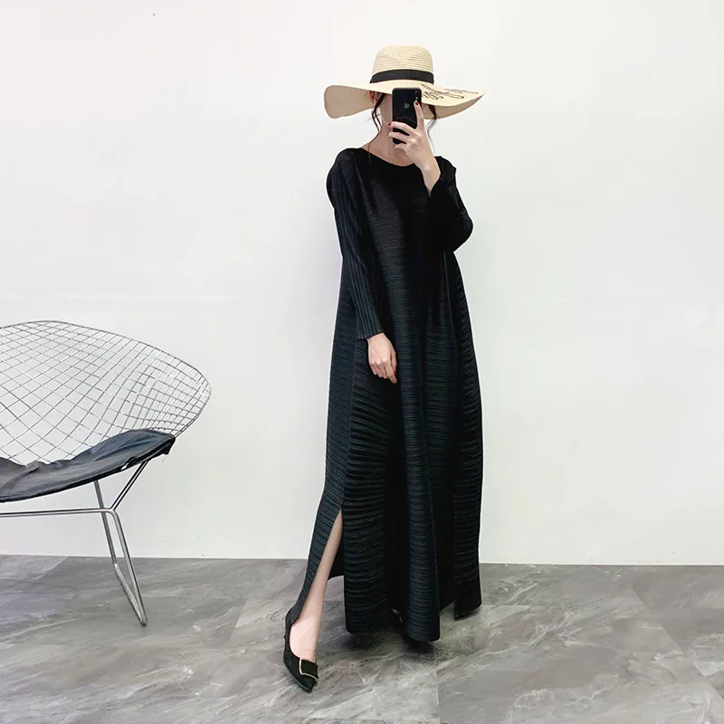 Черный Miyake Плиссированное Платье Весна сплошной цвет над лодыжками платья - Цвет: Черный