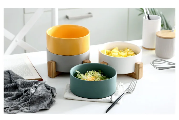 Creative Nordic Salad Bowl with Wooden Shelf Creative Ceramic Container for Fruit Bread Room Saving Stackable