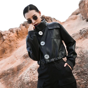 

Autumn Faux Women Leather Jacket biker Coat Women Button Drawstring Short Women Spring 2020 New Fashion bomber Coats PY157